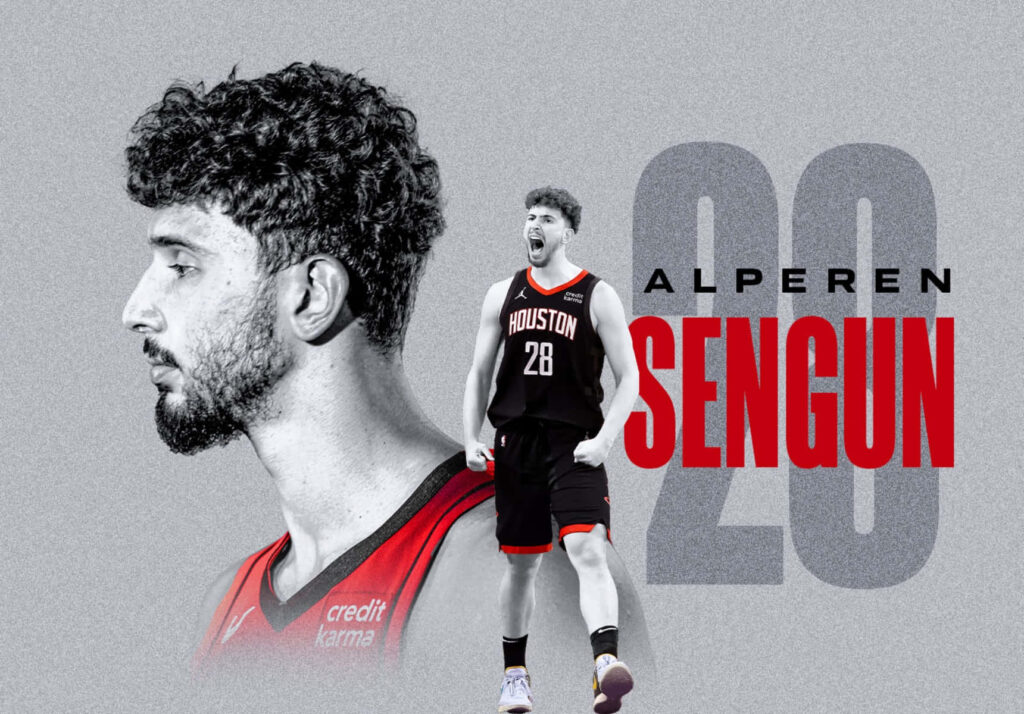 Alperen Şengün Houston Rockets basketball wallpaper focused portrait and action pose background