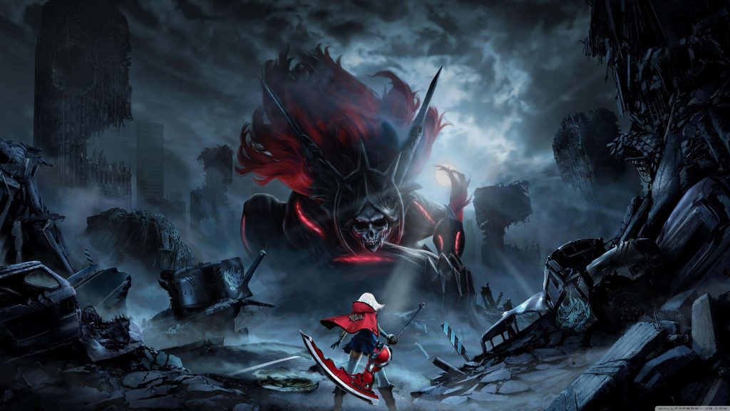 Alpha from Punishing Gray Raven with scythe faces dark skeletal monster in ruined city wallpaper