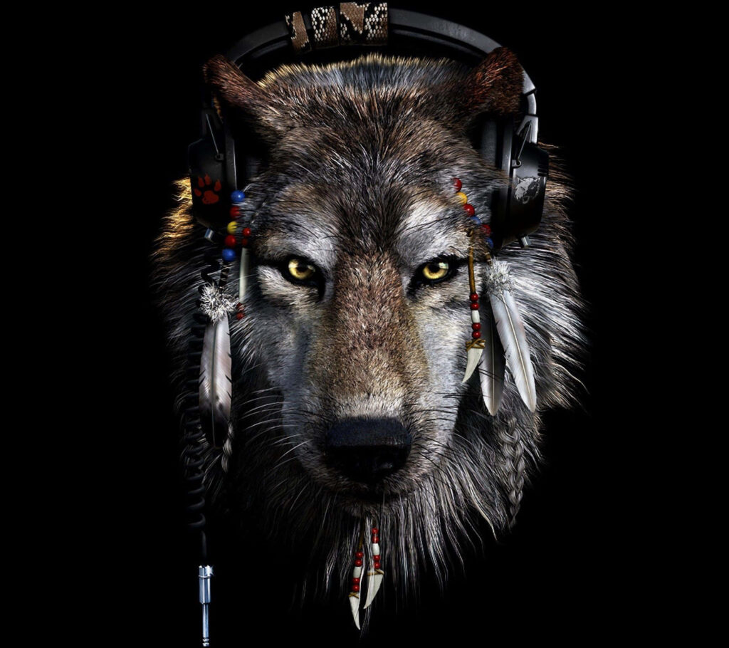 Alpha Wolf Wallpaper: Lifelike Strength with Headphones & Feathers