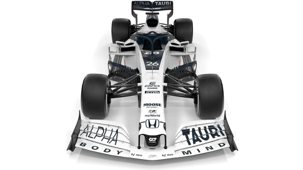 Front view of AlphaTauri Formula 1 car highlighting sleek design and advanced aerodynamics wallpaper