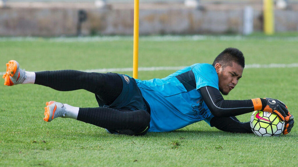 Alphonse Areola diving save during football training session wearing goalkeeper kit on field Wallpaper