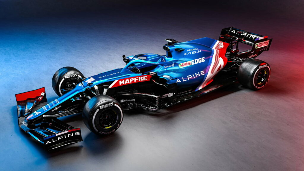 Alpine A521 F1 Car Wallpaper with Stunning Blue and Red Lighting Display