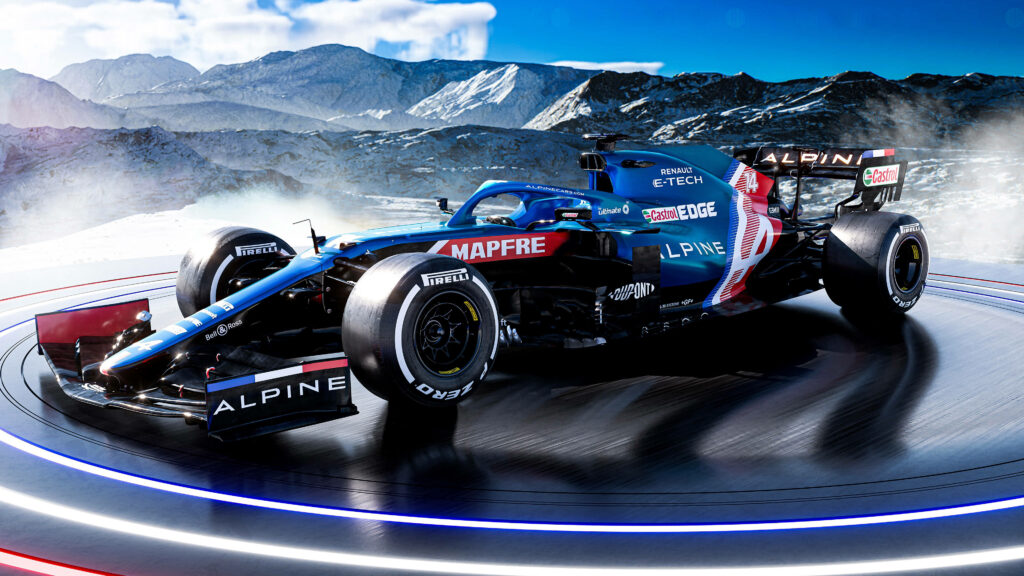 Alpine Formula 1 car on futuristic platform with mountain backdrop high performance racing wallpaper