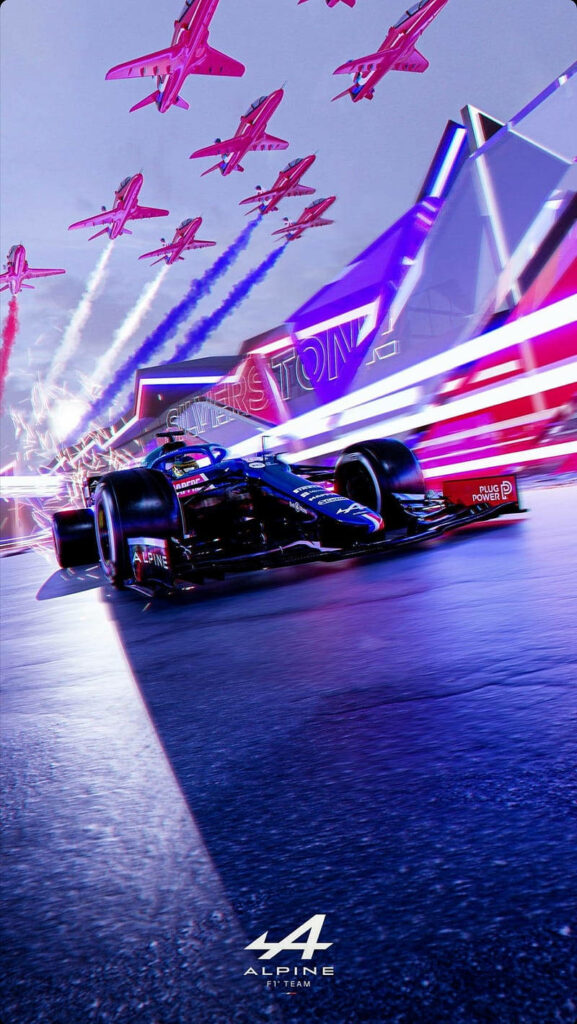 Alpine Formula 1 car racing on vibrant track with colorful airplanes and Silverstone sign background Wallpaper