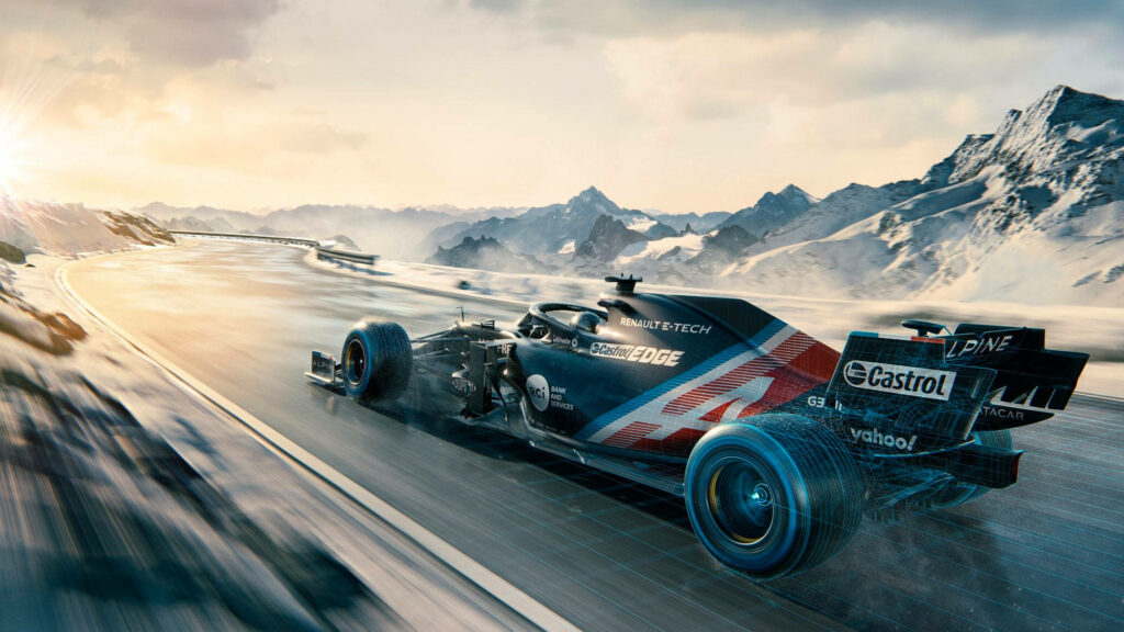 Alpine race car speeding on winding track with snowy mountains winter landscape wallpaper background