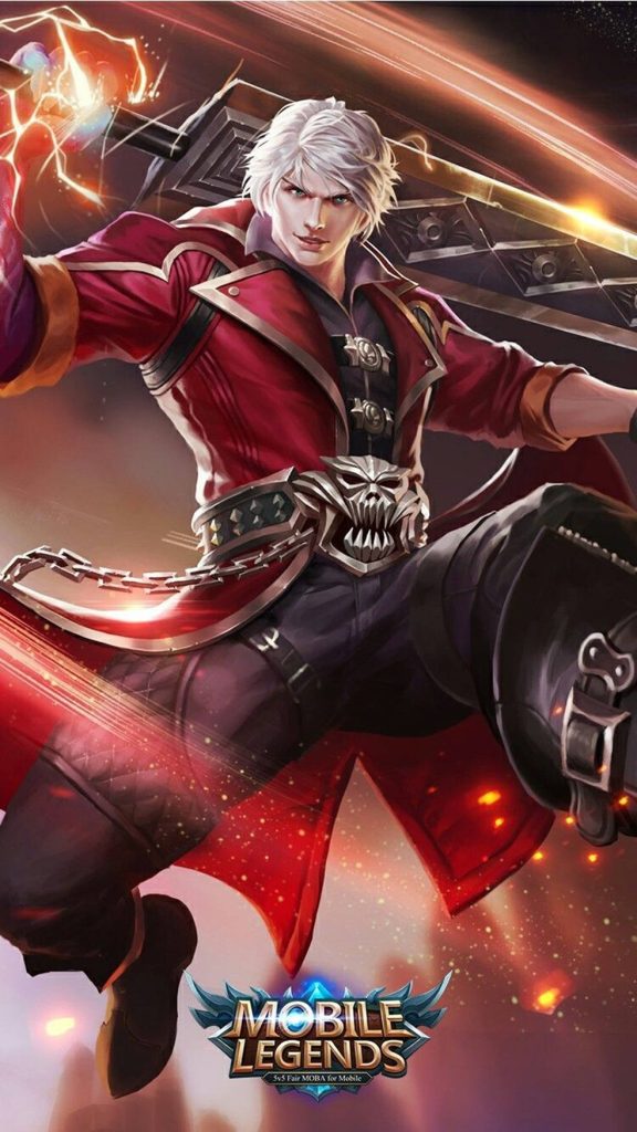 HD Mobile Legends wallpaper featuring Alucard classic model in red coat with massive blade combat pose