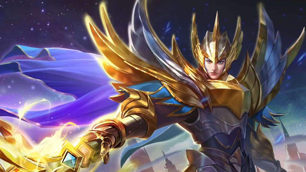 Alucard Glorious General skin in golden armor with blue cape wielding radiant sword wallpaper