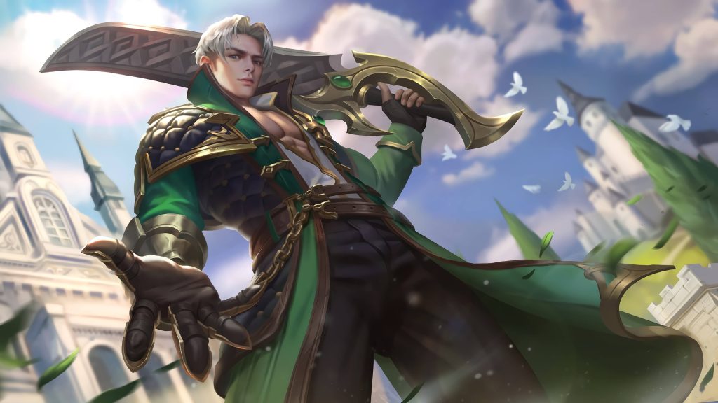 Mobile Legends Alucard Hero wallpaper with iconic sword and bright castle background HD design