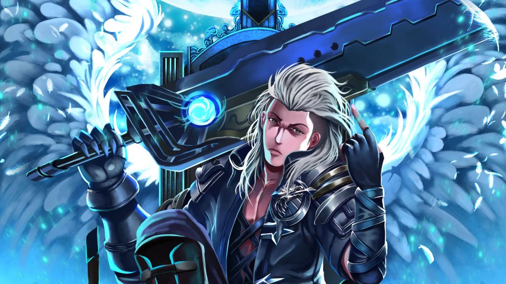 Mobile Legends Alucard wallpaper digital anime style glowing sword white wings blue light