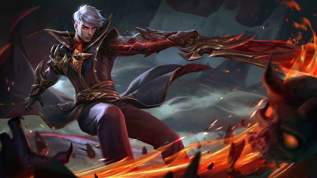 Alucard Mobile Legends wallpaper fierce combat pose fiery demonic claw intense embers background