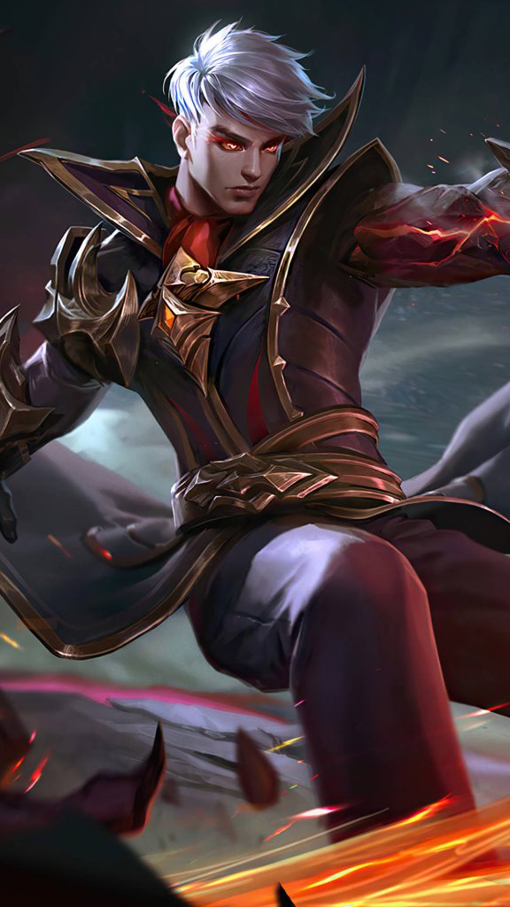 Alucard Mobile Legends wallpaper with silver hair red eyes fiery armor high-definition action art