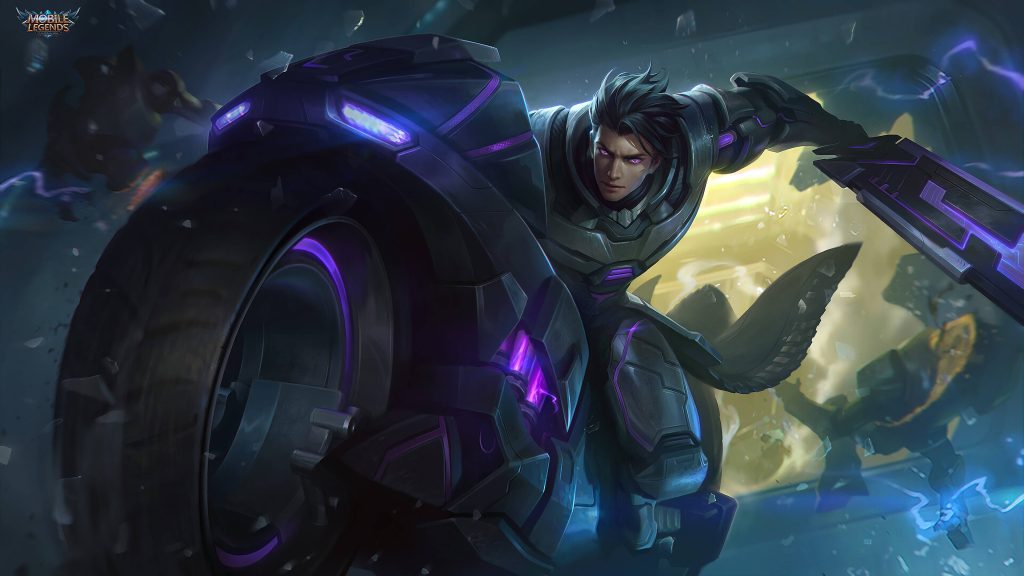 Alucard Obsidian Blade on neon purple futuristic bike Mobile Legends HD wallpaper background