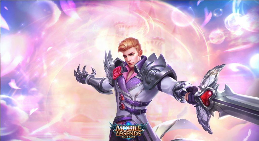 Mobile Legends Alucard Romantic Fantasy skin wallpaper vibrant heart sword lavender pink background