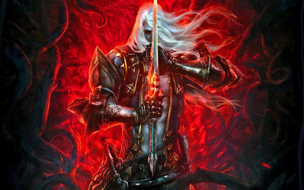 Alucard in Fiery Red: Fierce Castlevania Wallpaper Background