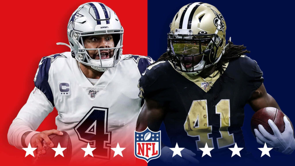 Alvin Kamara running back charging past Dallas Cowboys player in dynamic NFL game wallpaper