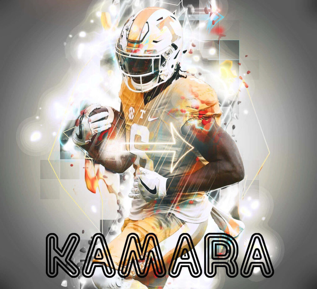 Alvin Kamara running back charging forward with vibrant electrified football wallpaper background