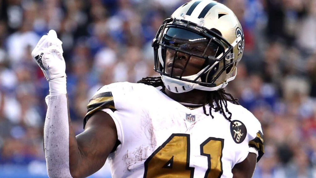 Alvin Kamara New Orleans Saints number 41 stands confidently on field in team uniform wallpaper