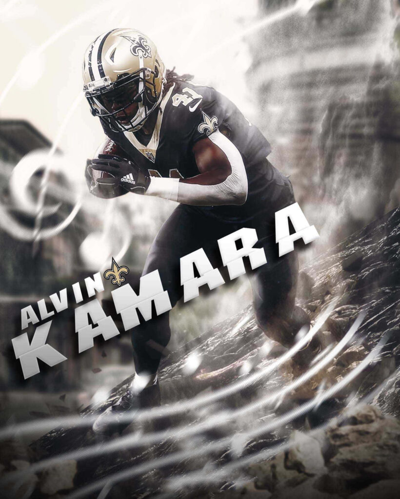 Alvin Kamara New Orleans Saints powerful running style dynamic football action wallpaper