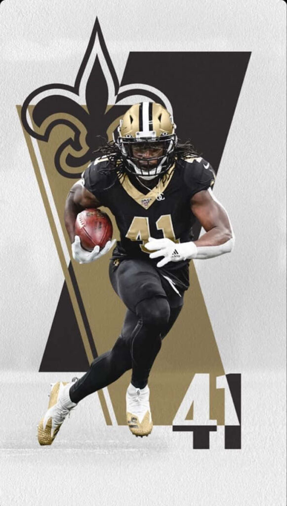 Alvin Kamara New Orleans Saints celebrates touchdown wearing number 41 with bold graphic background Wallpaper