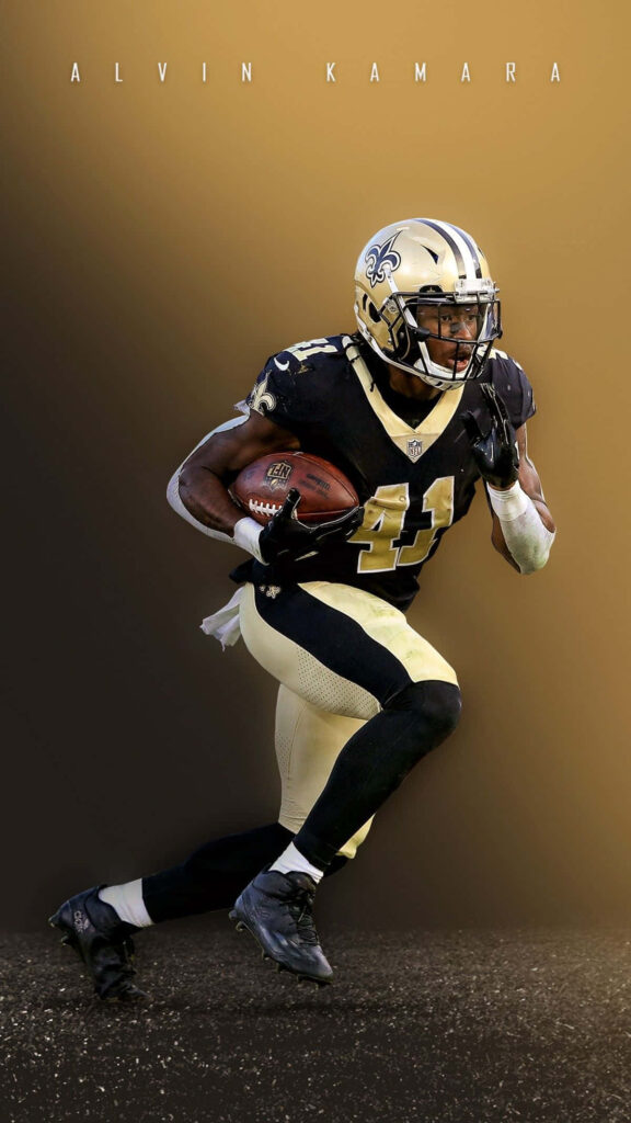Alvin Kamara running with football vibrant yellow gradient background dynamic football action Wallpaper