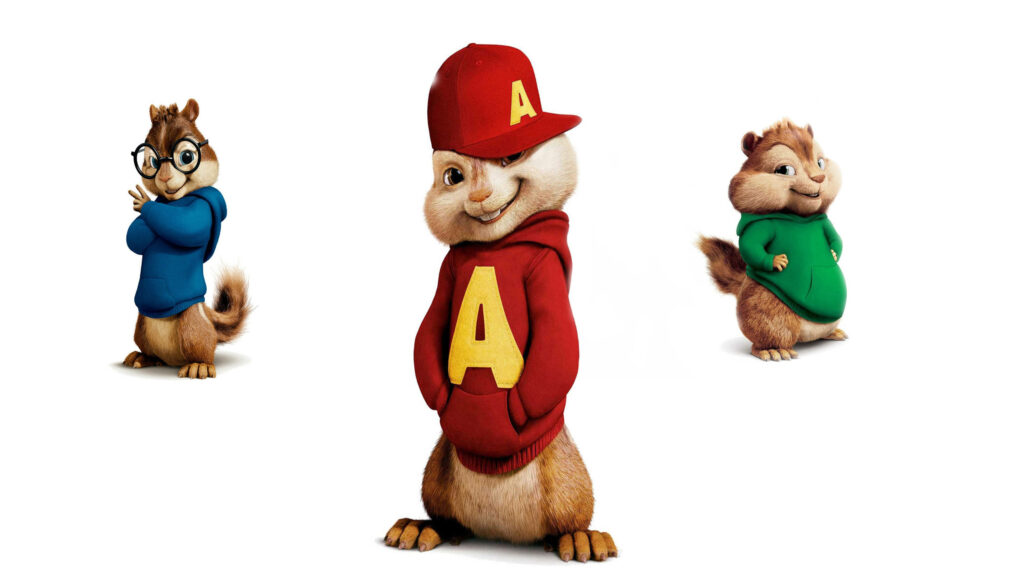 Alvin Simon and Theodore from Alvin and the Chipmunks in signature outfits on white background Wallpaper