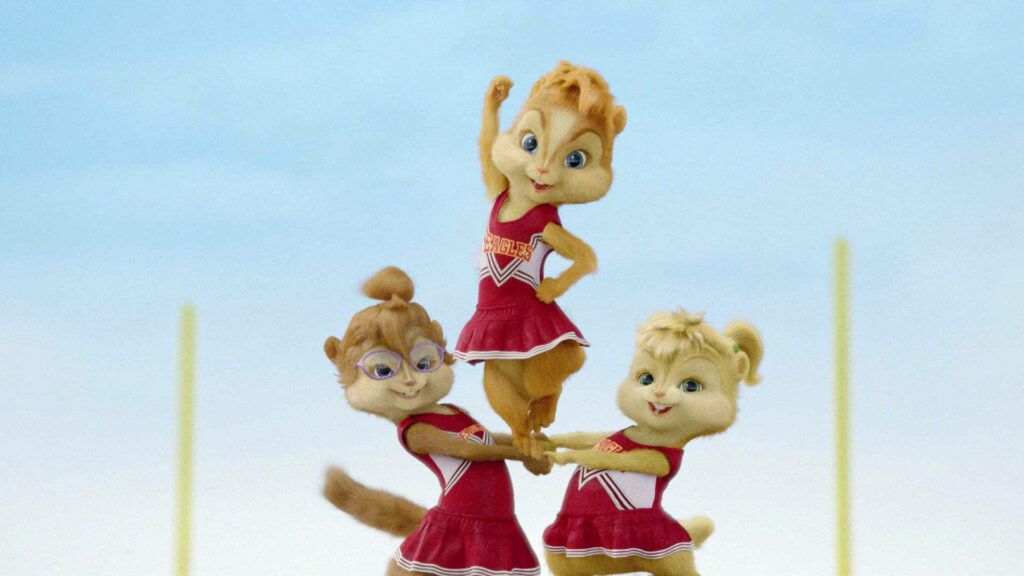 Alvin and the Chipmunks cheerleading pyramid on football field bright clear sky wallpaper background