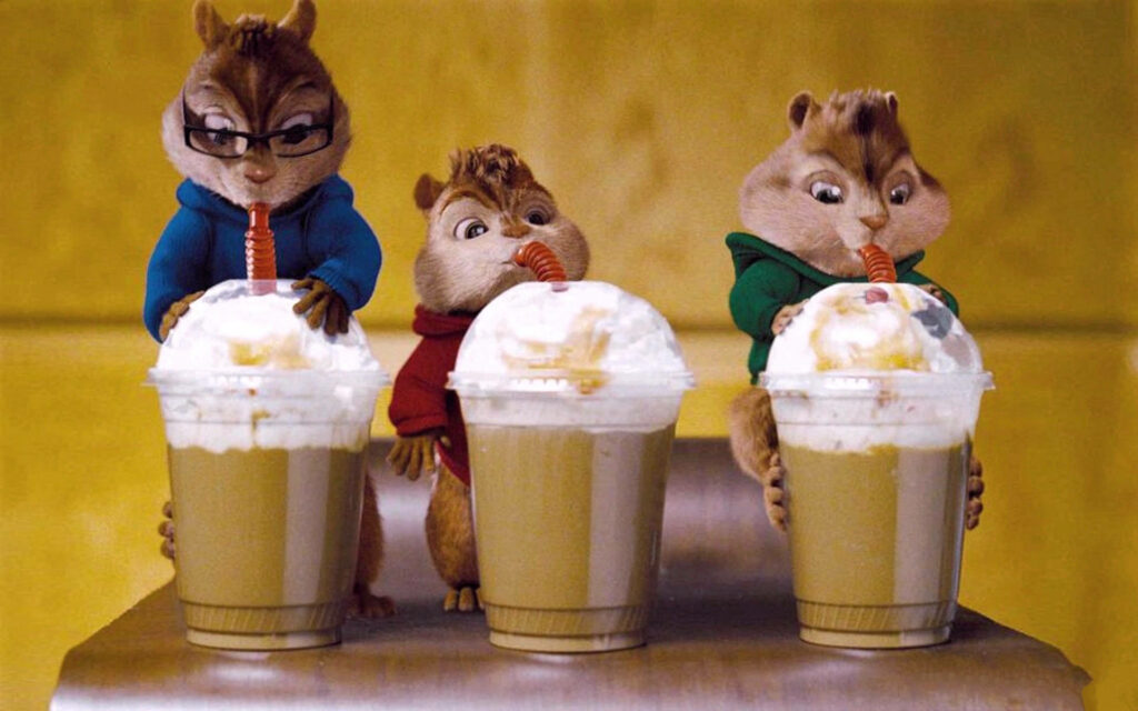 Alvin and the Chipmunks sipping frappes together fun playful wallpaper background image