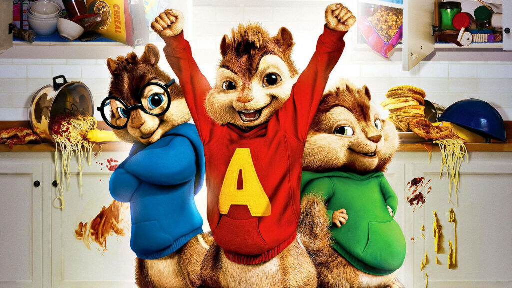 Alvin Simon and Theodore in colorful sweaters posing in messy kitchen with scattered pancakes wallpaper background