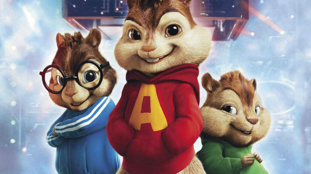 Alvin and the Chipmunks in colorful RGB jackets with Alvin in red hoodie on vibrant background Wallpaper