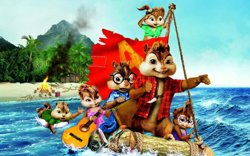 Alvin and the Chipmunks stranded on homemade raft near tropical island with campfire background Wallpaper