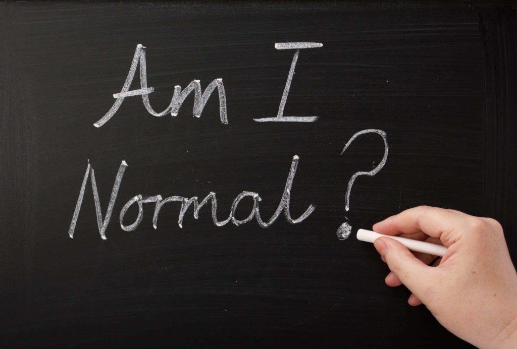 Hand writing Am I Normal question in white chalk on blackboard for self-reflection concept Wallpaper
