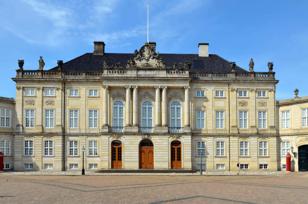 Amalienborg Palace under bright blue sky showcasing Danish royal architecture and historic charm Wallpaper