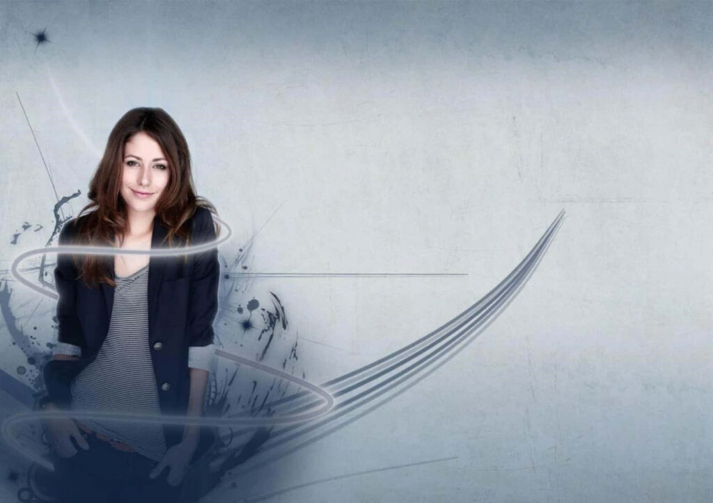 Amanda Crew confident pose with abstract swirling light effects modern stylish wallpaper background
