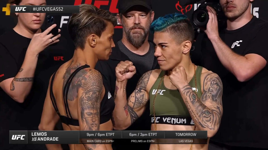 Amanda Lemos UFC weigh-in intense faceoff with opponent showing focus determination wallpaper