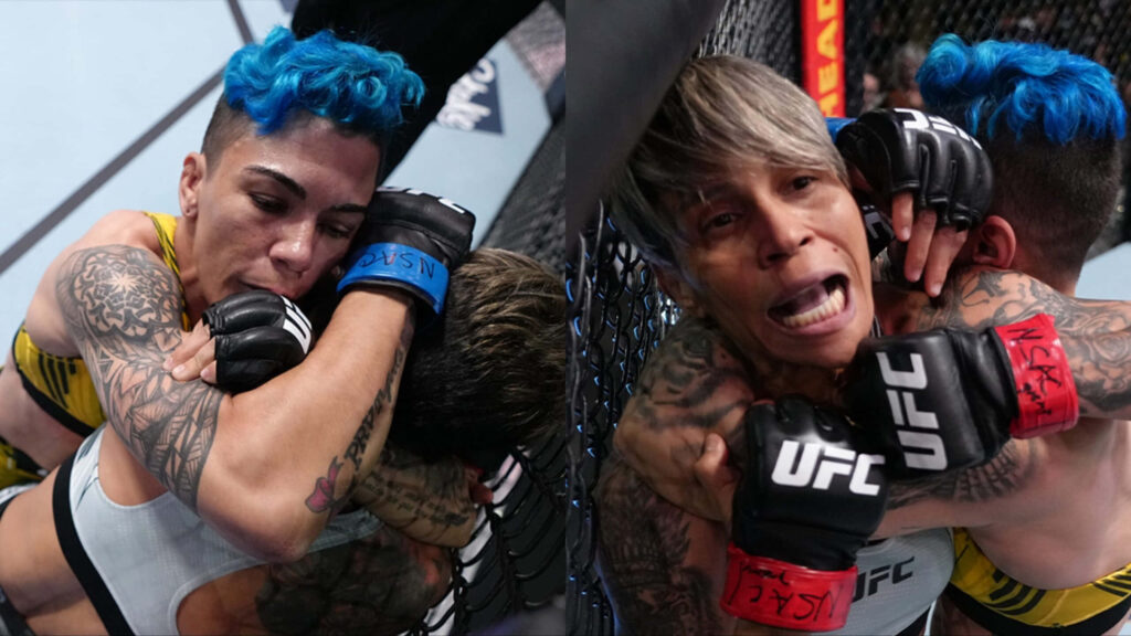 Amanda Lemos intense MMA clinch grappling in octagon high-stakes fight wallpaper background