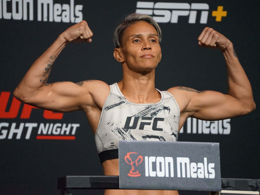 Amanda Lemos powerful UFC weigh-in pose showcasing strength and determination wallpaper
