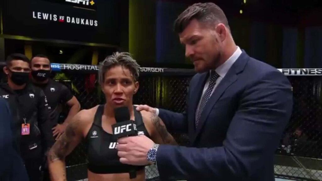 Amanda Lemos UFC post fight interview inside octagon showing determination intensity wallpaper