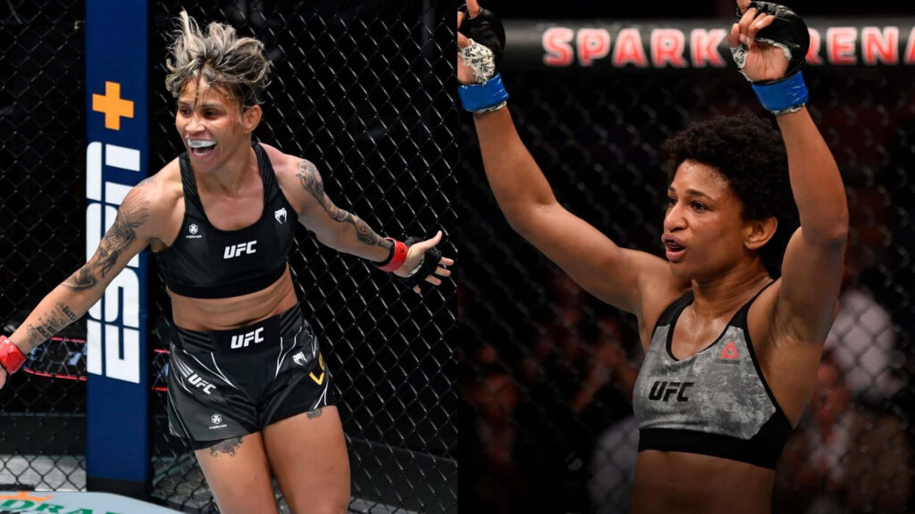 Amanda Lemos and fellow UFC fighter celebrate victory inside the octagon raising arms in triumph Wallpaper