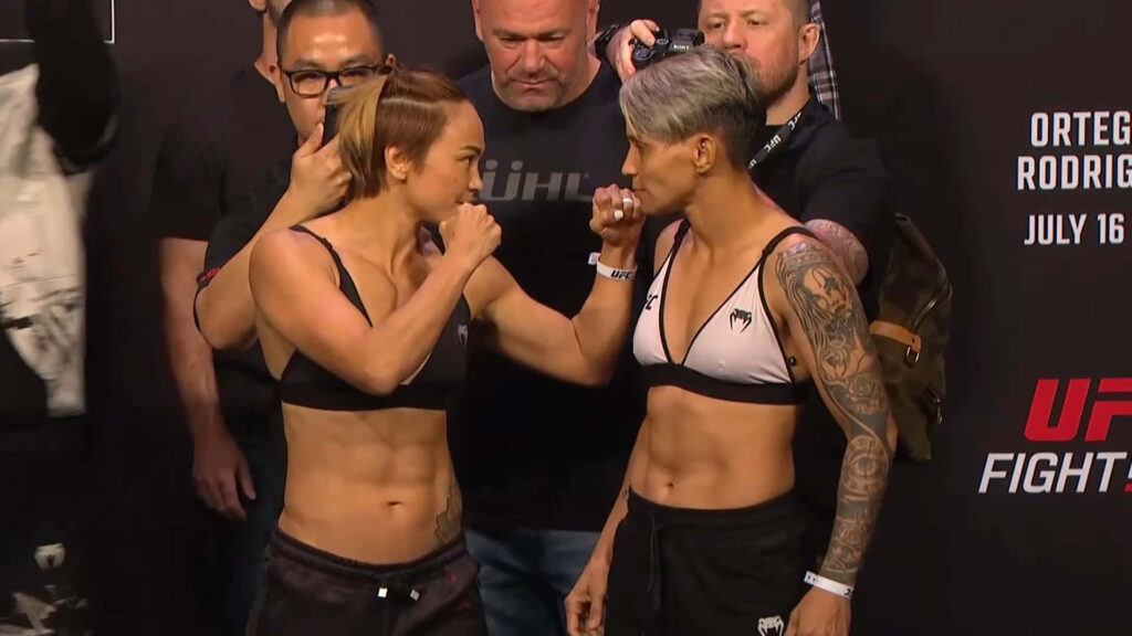 Amanda Lemos UFC weigh-in face-off intense focus athletic physique fighting spirit wallpaper