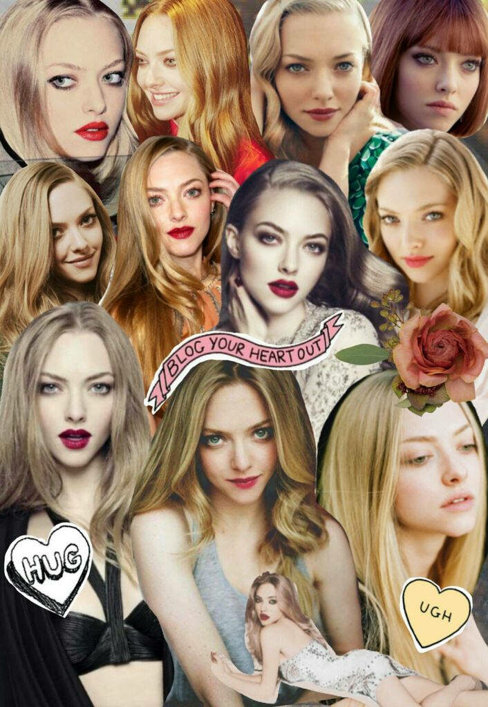 Vibrant Amanda Seyfried collage wallpaper with artistic accents and playful illustrated background