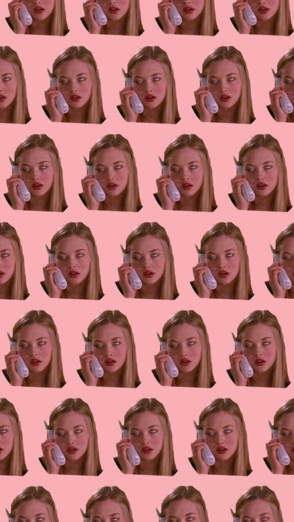 Amanda Seyfried eye roll meme wallpaper with phone on soft pink background repeated pattern