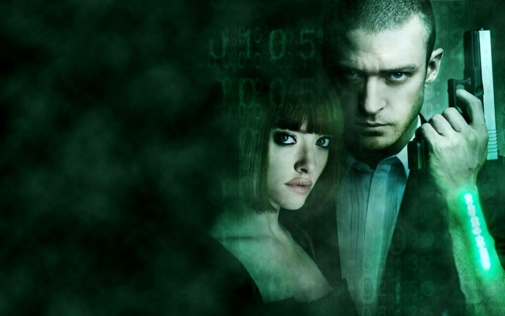 Amanda Seyfried and Justin Timberlake intense futuristic green tinted In Time movie wallpaper background
