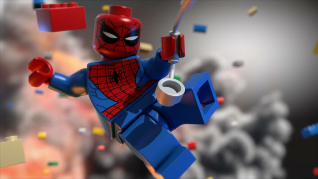 Lego Amazing Spider Man swinging through colorful bricks action-packed superhero wallpaper background