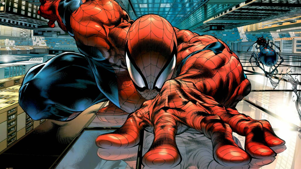 Amazing Spiderman scaling glass skyscraper in red and blue suit with city skyline background Wallpaper