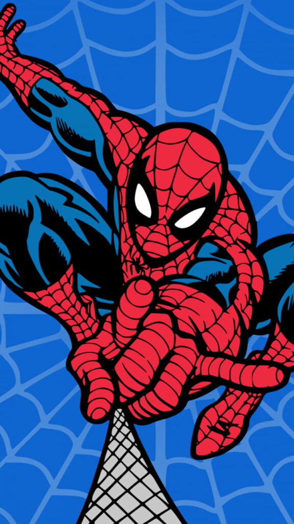 Vibrant Amazing Spider-Man iPhone wallpaper swinging on blue comic web background heroics