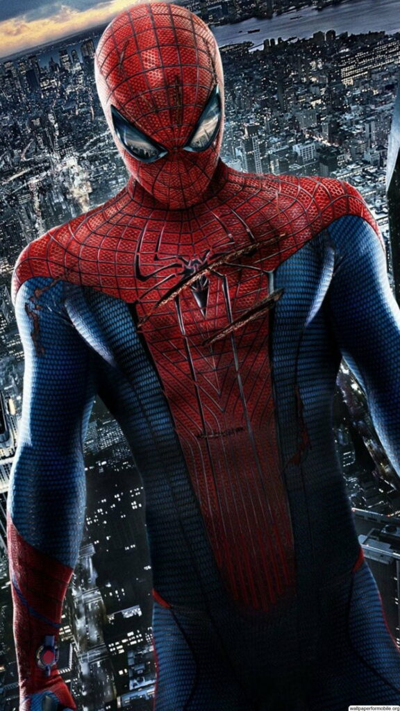 Amazing Spiderman 3D HD wallpaper, heroic pose above night cityscape, vibrant red blue suit