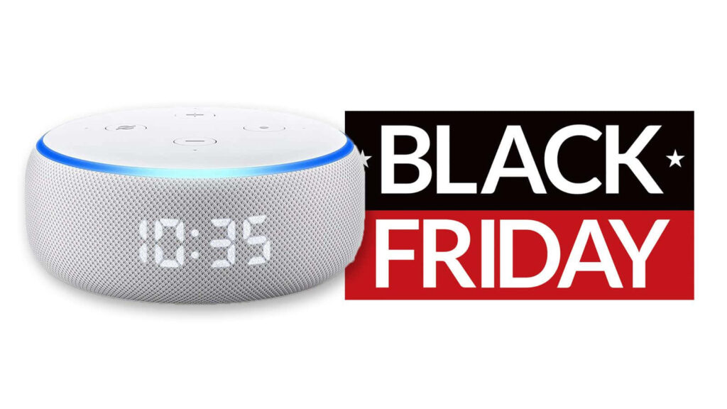 Amazon Echo Dot with LED clock on Black Friday background showcasing special deals and discounts Wallpaper