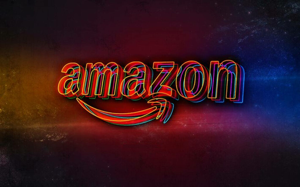 Amazon logo with vibrant glitch effect on dark textured background wallpaper design