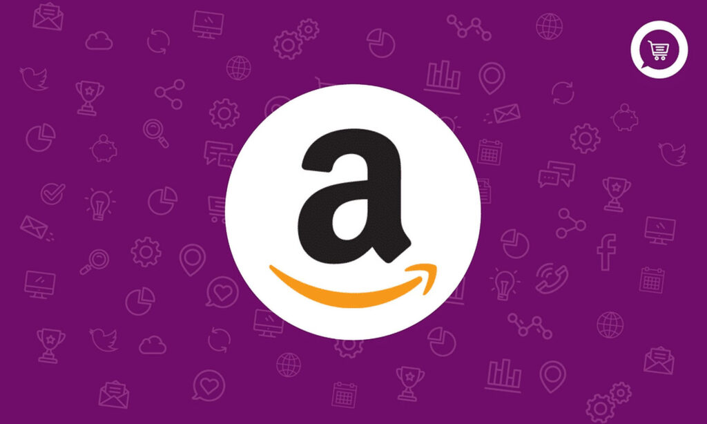Amazon logo centered on vibrant purple background with shopping and technology icons wallpaper
