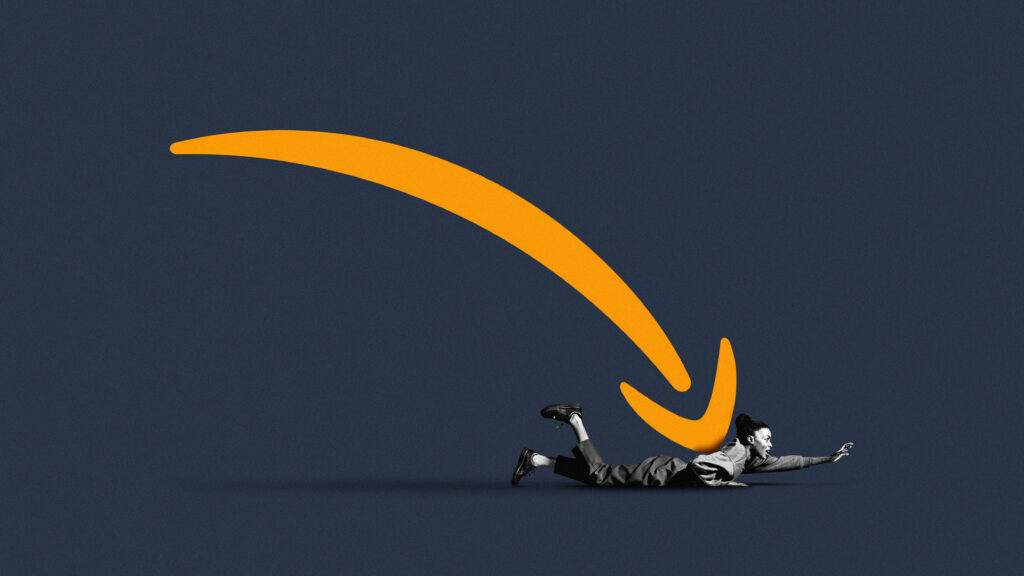 Amazon UK logo yellow arrow pointing down on man lying down symbolizing impact pressure wallpaper